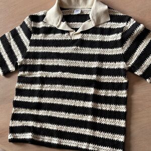 Zara Men’s Black and Cream Striped Polo Shirt